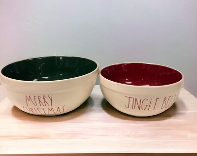 HTF Rae Dunn Merry Christmas + Jingle Bells Mixing  Serving Bowl Green/Red White