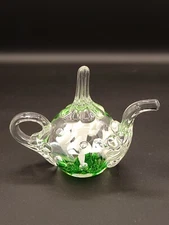Vintage Art Glass Paperweight Joe St Clair Teapot Green White Etched Signature 