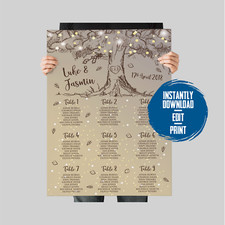 Rustic Sketch Tree Wedding Seating Plan Table Template Fairy Light Festoon