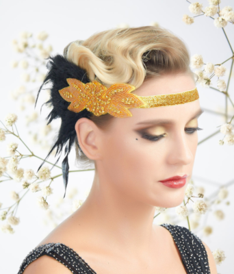 1920s Headband Gold Roaring Beaded Black Feather Headpiece Flapper
