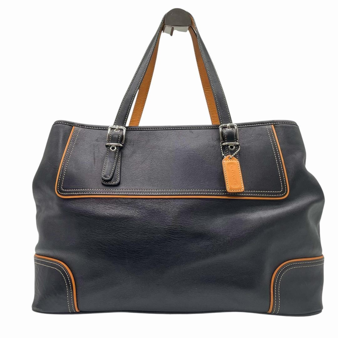 Coach Black Leather Tote Bag with Orange Stitch, Authentic, Medium Size