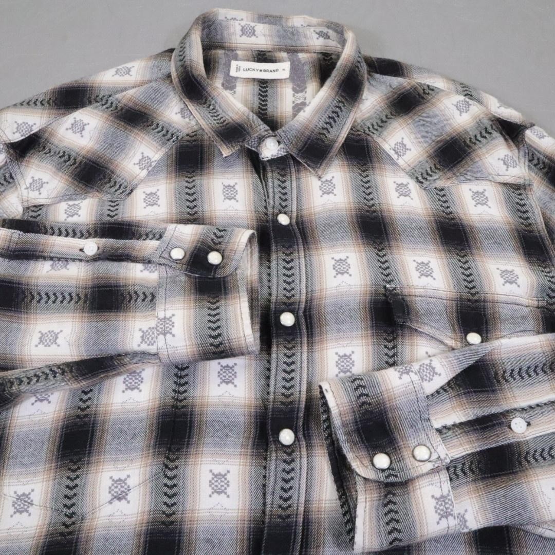 Lucky Brand Pearl Snap Shirt XL Gray Plaid Western Pockets Casual Lightweight