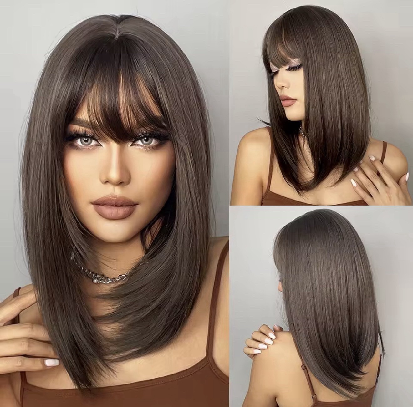 Perruque Synthétique Brune Premium - Carré Lisse Marron Foncé Effet Naturel 35cm
