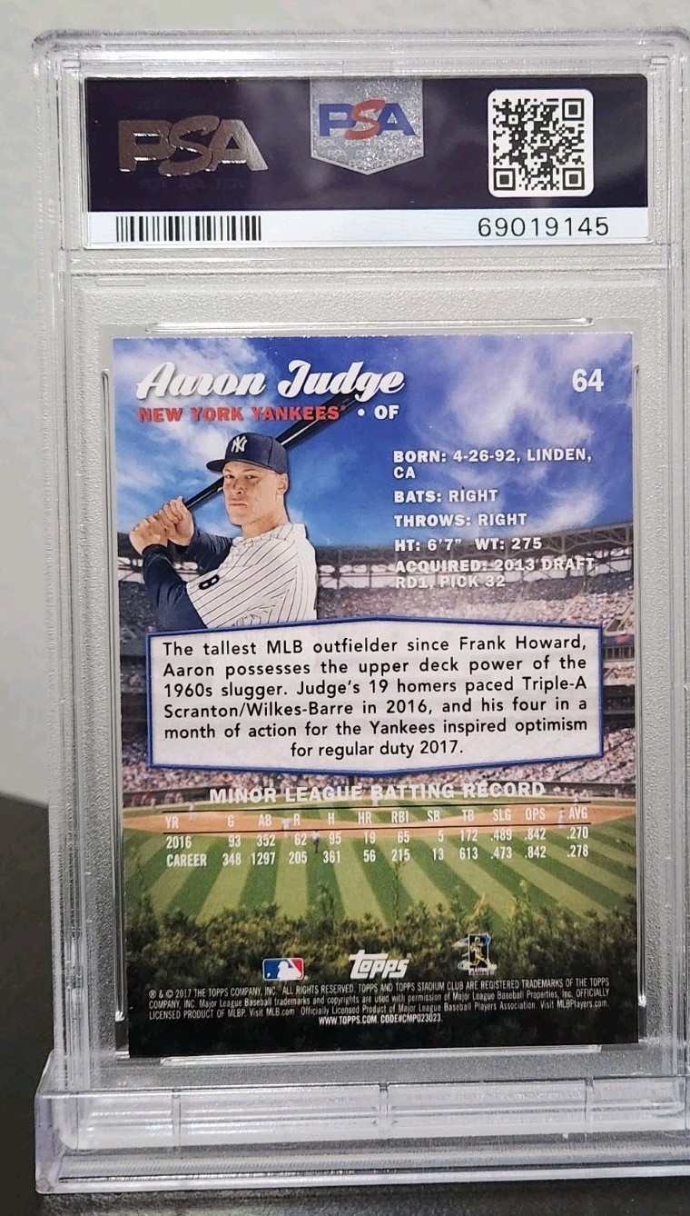2017 Stadium Club Aaron Judge Rookie Card #64 PSA 9 New York Yankees RC view 3