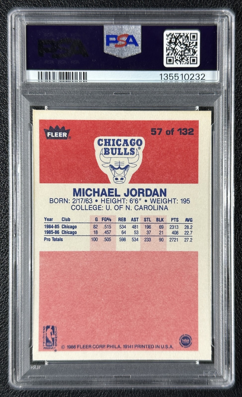 MICHAEL JORDAN PSA 6 1986 FLEER #57 ROOKIE CARD RC BULLS EX-MT 0232 view 2