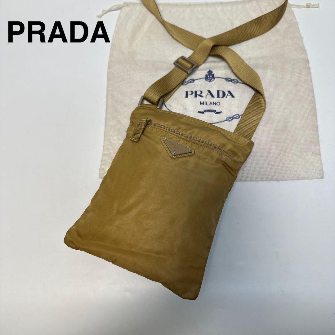 Prada Triangle Logo Nylon Beige Shoulder Bag Sacoche In Excellent Condition From Japan