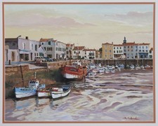 Grande gouache Port de la Flotte, Île de Ré - signé Bruno Richard - peinture