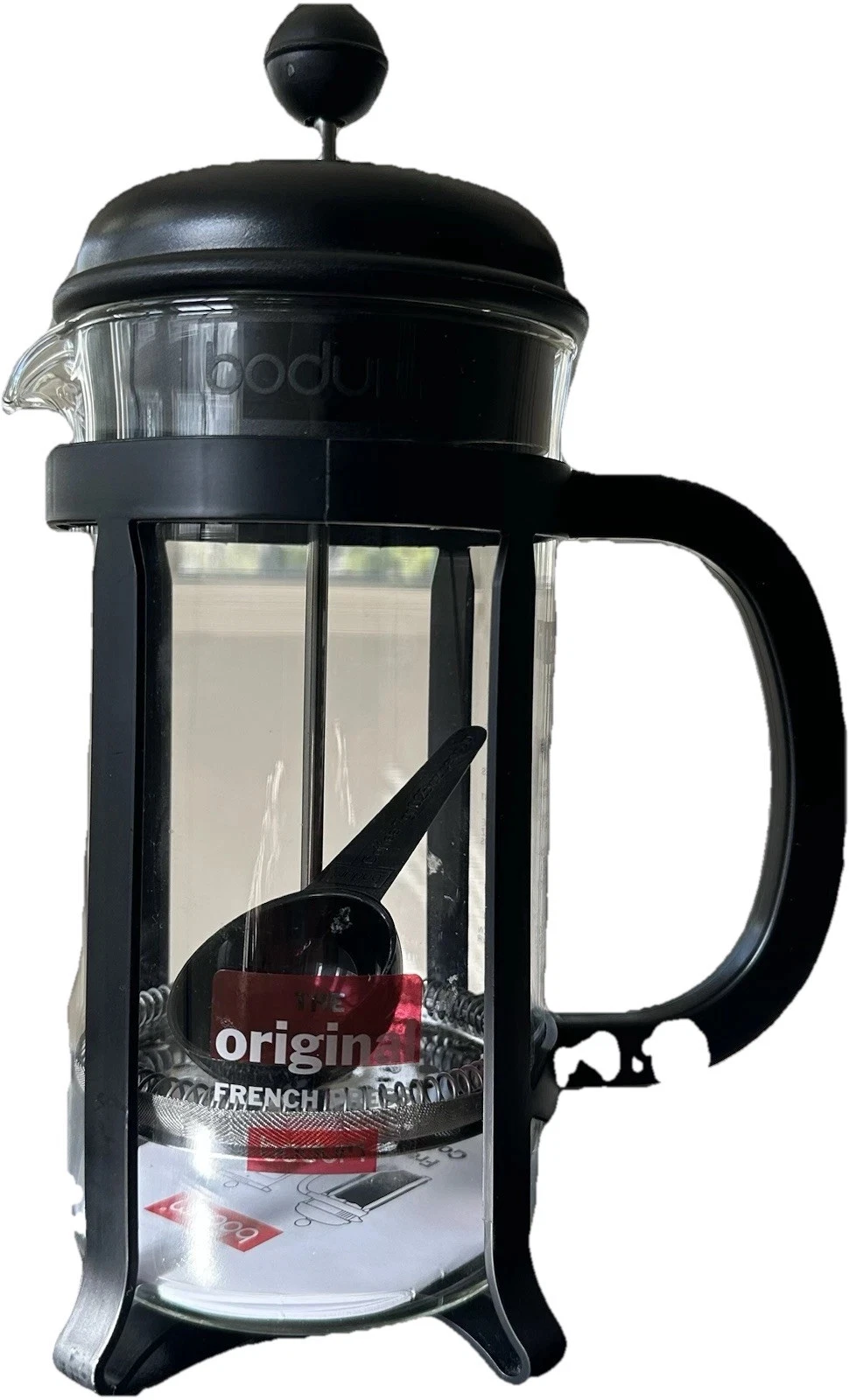 NEW BODUM ORIGINAL FRENCH PRESS CLEAR COFFEE TEA MAKER BLACK HANDLE LID & SCOOP