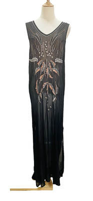 NU Denmark Beaded Embroidered 2 Split Long Sheer Dress Size M Party Wedding