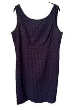 Nine West Women's Eyelet Dress Sleeveless Back Zip Navy Blue Size 14