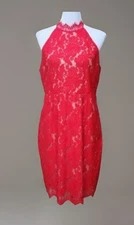 Sans Souci Sleeveless Halter Bodycon Red Lace Cocktail Dress Under Slip Small