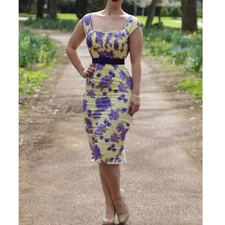 Pinup Couture Yellow Purple Erika Dress Womens XL Floral Print Retro Rockabilly