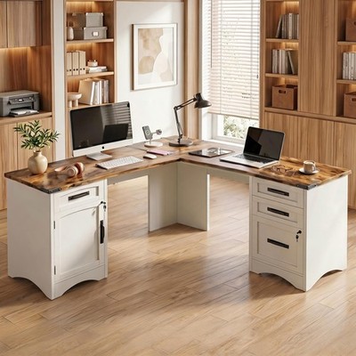 67'' Farmhouse L Shaped Standing Desk with Drawers Home Office Executive Desks...