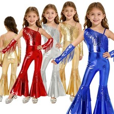 Kids Girls Bodysuit One Shoulder Costume Jazz Jumpsuit Dance Dress Up Pageant