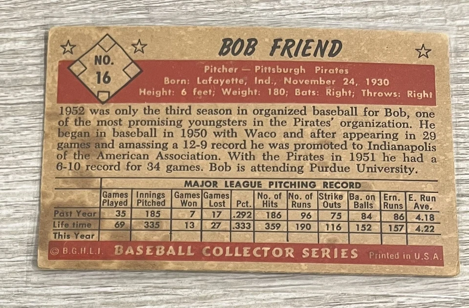 1953 Bowman GIANTS #28 AUTOGRAPHED BOB FRIEND PITTSBURGH PIRATES V2-4 - Image 2 of 2