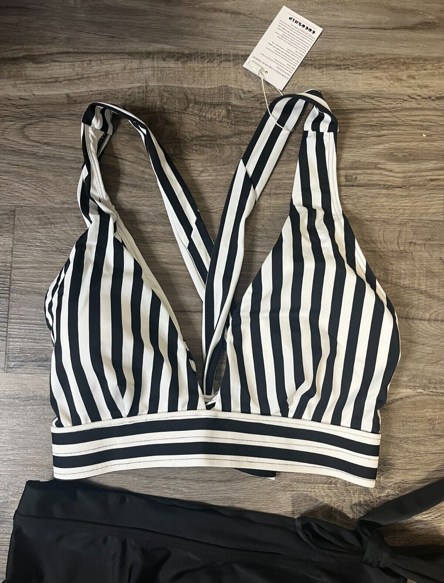 COCOSHIP Womens 2pc Swimsuit Stripe V-Neck Top, Bowtie Bikini Bottom, BW  Size 12