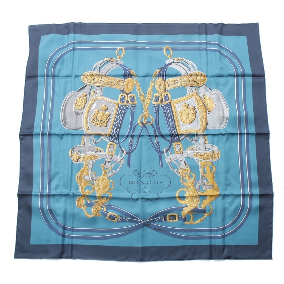 HERMES Carre 90 Blue Double Face BRIDES DE GALA Bridle Silk