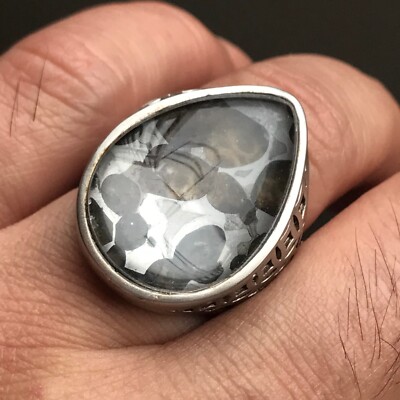 Sericho Pallasite Meteorite Ring 925 Silver Frame Water-Drop Activity Circle US8