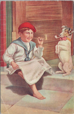 reading tobacco LITHO Boy Reading Newspaper & Smoking Tobacco w/ Dog 