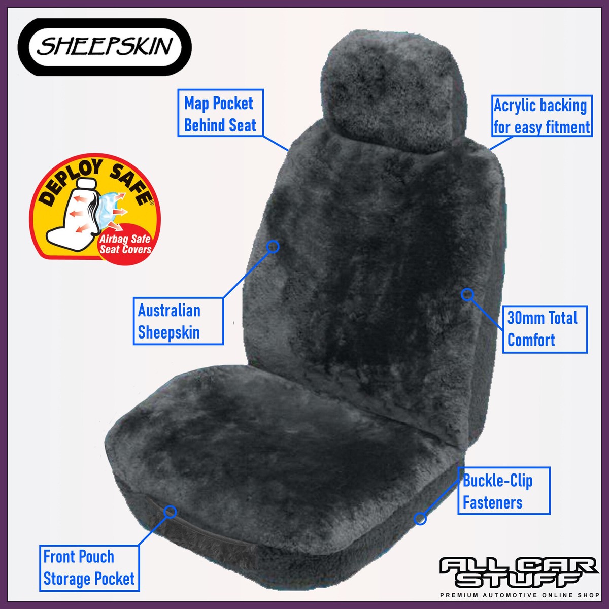 Front Pair Charcoal Grey Sheepskin Seat Covers 30mm Total