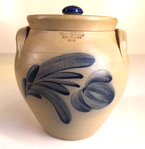 Wisconsin Pottery Hand Thrown 1990 Blue Salt Glaze Canister & Lid Folk Art 7.5"