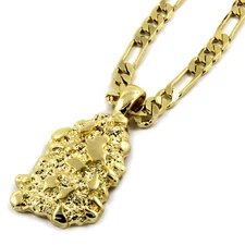 Mens 14K Gold Plated Nugget Pendant Hip-Hop 5mm/24" Figaro Chain