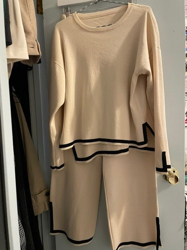 Matching Knit Lounge Set Medium Cream Black Trim Wide Leg Pants Travel Outfit