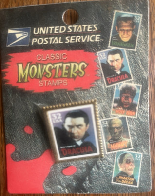 1997 USPS CLASSIC MONSTERS STAMP PIN - ''DRACULA '' - UNUSED ON ORIG CARD