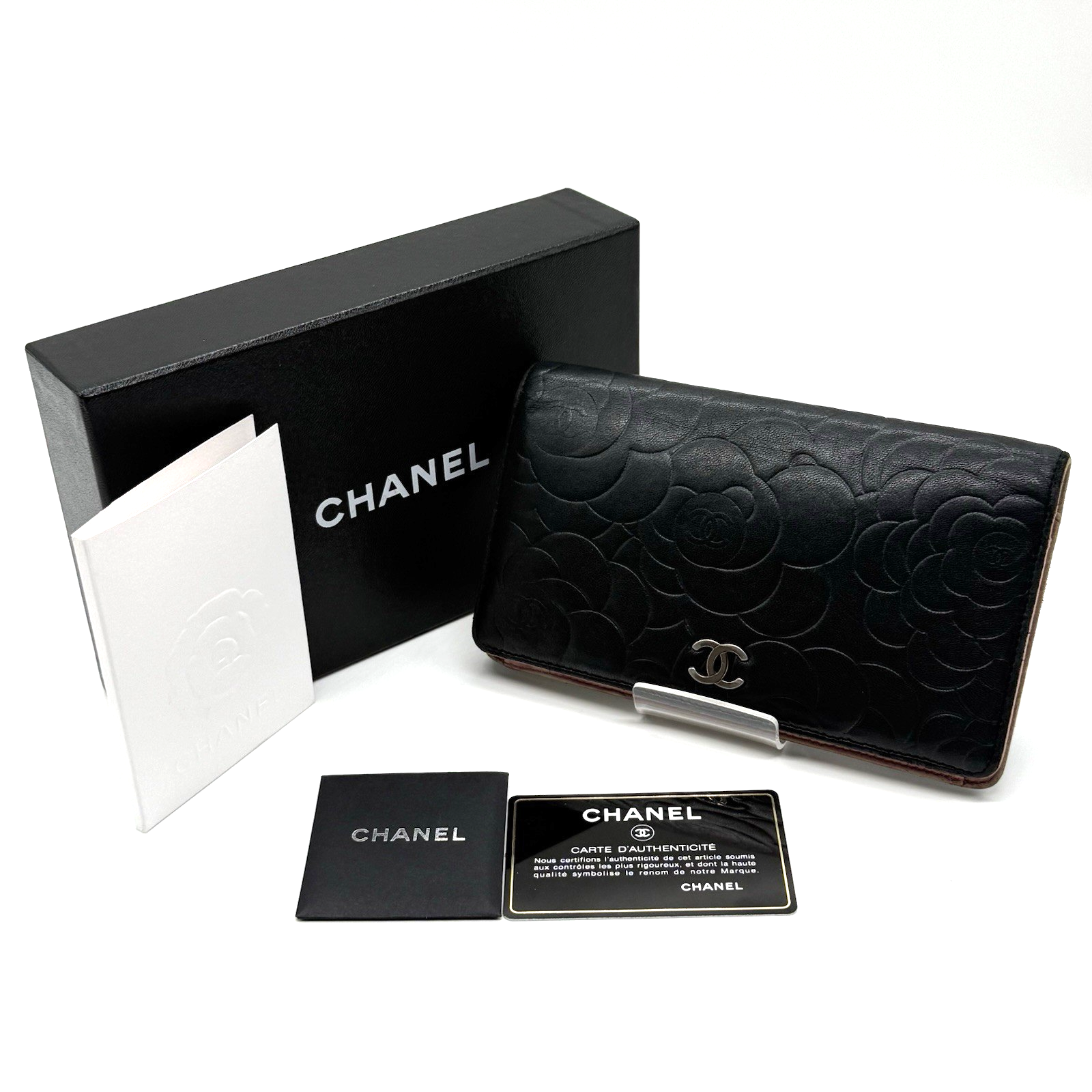 CHANEL Camellia Long Wallet Leather Black Authentic