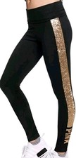 VICTORIA'S SECRET PINK GOLD BLING LOGO COTTON LEGGINGS RARE 2018 S New RARE