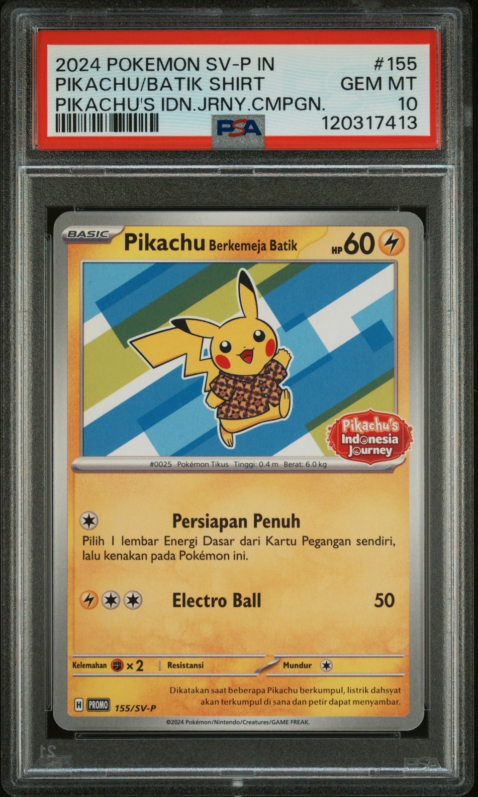 2024 POKEMON INDONESIAN SV-P PROMO #155 PIKACHU IN BATIK SHIRT PSA 10