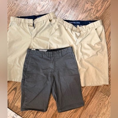 m34-Three pair men s size 28 waist flat front shorts, Volcom, and French toast