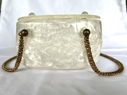 1950's Llewellyn NYC Lucite Purse Opalescent Box Handbag Double Chain Handles