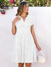 ANRABESS Dress Women's M 8-10 Casual V Neck Short Sleeve Mini Ivory 3D Textured