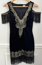 Spirit Gatsby Flapper Dress Womens Black Fringe Halloween Costume Size S