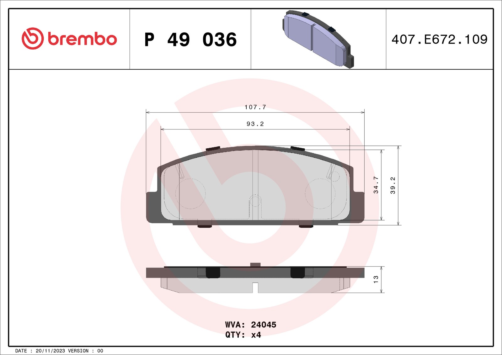 Für BREMBO P 49 036 Brake Pad Set, Disc Brake - Bild 6