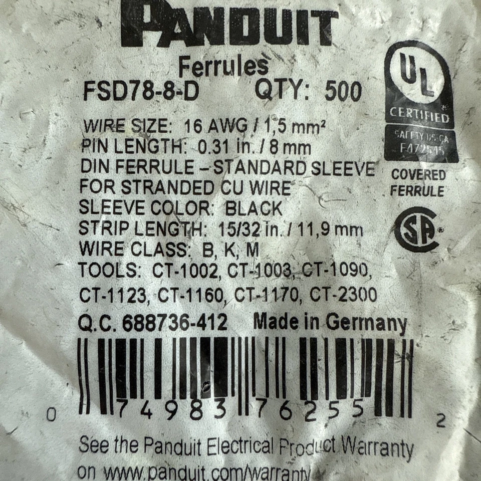🔥 500 - Bolsa Panduit FSD78-8-D Férulas 16 Awg Pp, 3/8 pulgadas, Foto 2 de 3