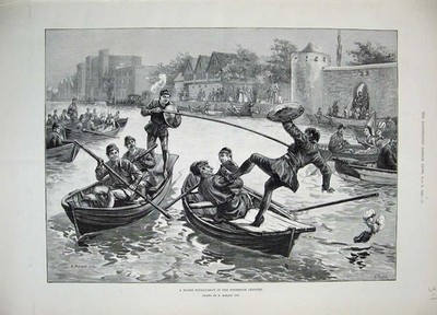 Original Old Antique Print 1889 Water Tournament Jousting River Boats Sport Men