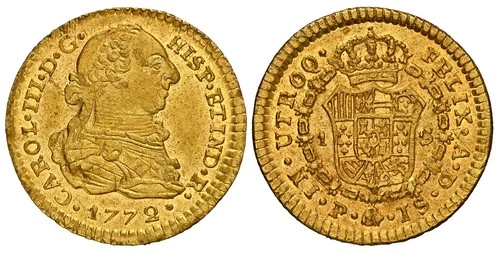 COLOMBIA. Charles III. 1772-P JS AV Escudo. NGC MS62 Popayan mint. KM 48.2.