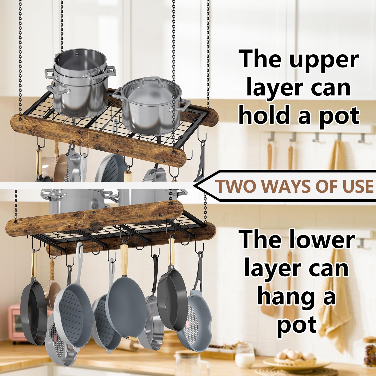 Pot Racks Hanging Ceiling Mount with 12 S-Shaped Hooks Heavy-Duty Pot and Pan