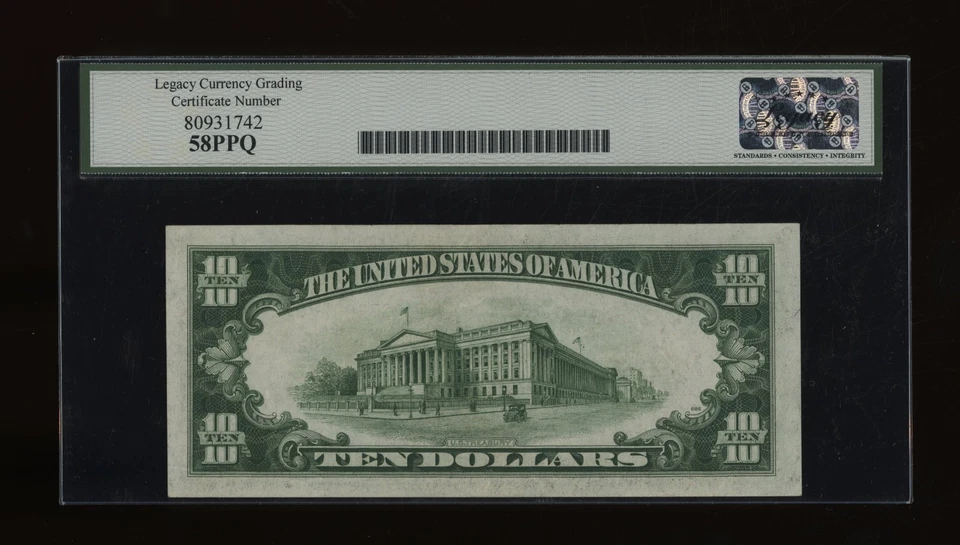 DBR 1934-A $10 FRN Chicago Fr. 2006-G Legacy 58 PPQ Serial G37699020B - Image 2 of 2