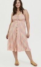 Womens Torrid Peach Plaid Challis Button Front Midi Dress 0 12 large NWOT