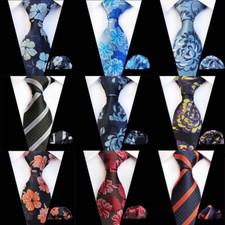 Men Wide Stripe Flower Jacquard Neck Tie Pocket Square Handkerchief Set HZ356