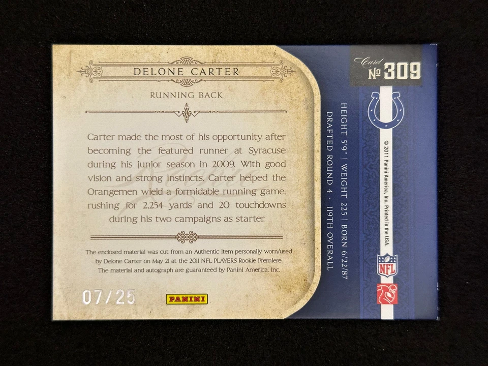 2011 National Treasures Rookie Signature Materials Black #309 Delone Carter /25 - Image 2 of 2