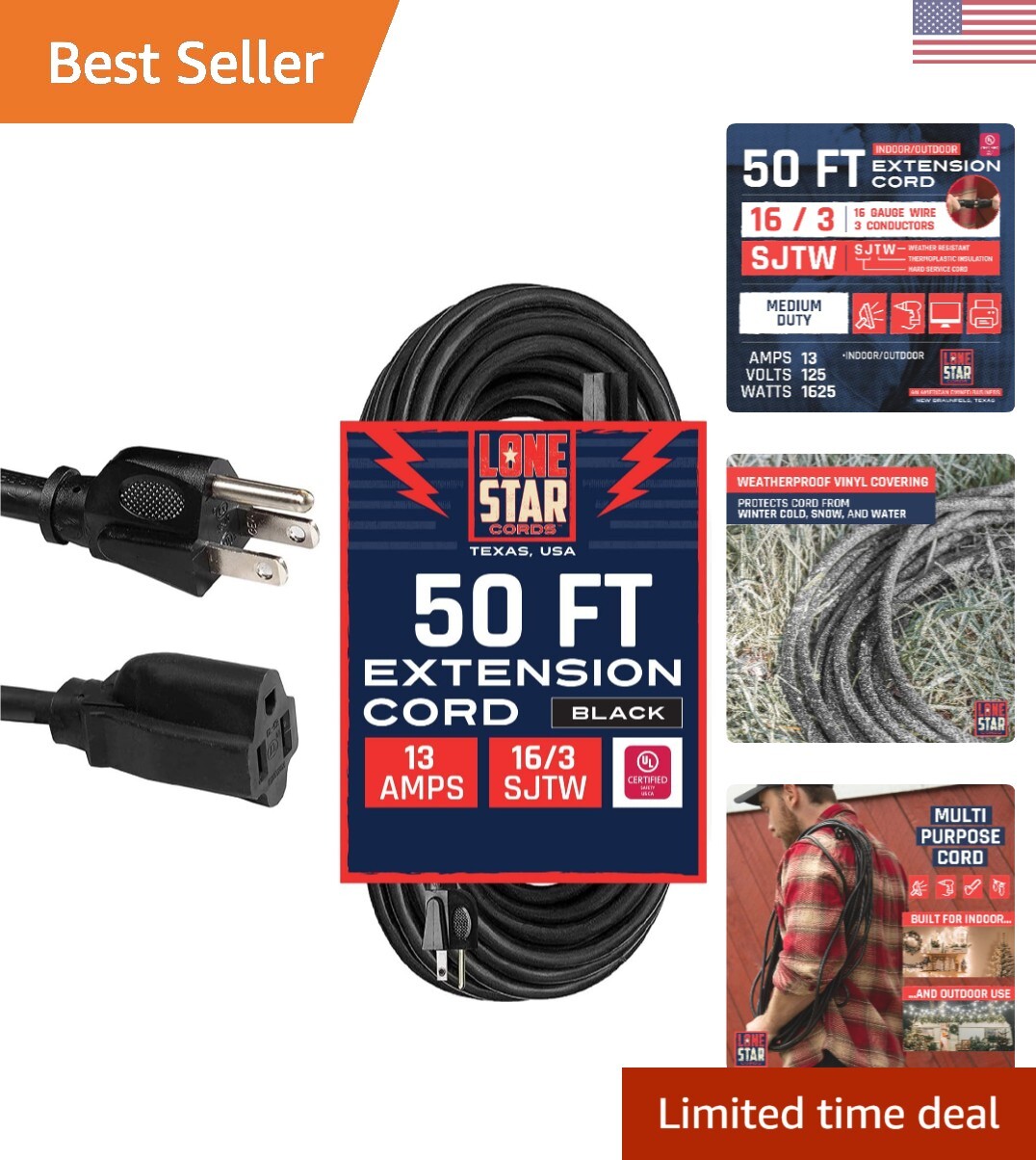 Outdoor Extension Cord - 50ft, 16 AWG, Weatherproof, Heavy Duty Electrical Cable-image