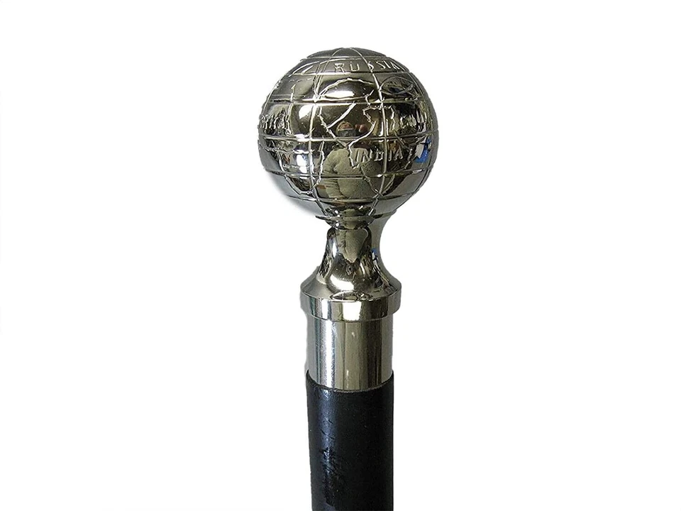 Antiguo bastón de madera con mango de cabeza de latón globo negro 3 pliegues nuevo hecho a mano Foto 3 de 4