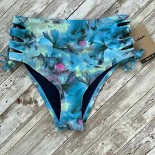 Nike Swim sz S Aqua Floral Bikini Bottom High Waisted Womens Cut Out Cross