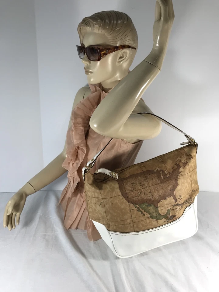 Bolso de Hombro Hobo ALVIERO MARTINI Mapa del Mundo Lona Blanco y Tostado Hecho en Italia Foto 2 de 4