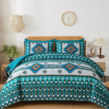 Teal Boho Aztec Queen Comforter Set, 7-Piece All-Season Bedding with Sheets