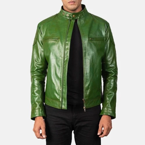Men’s Green Genuine Leather Jacket  Classic Cafe Racer Motorcycle Biker Coat image 3